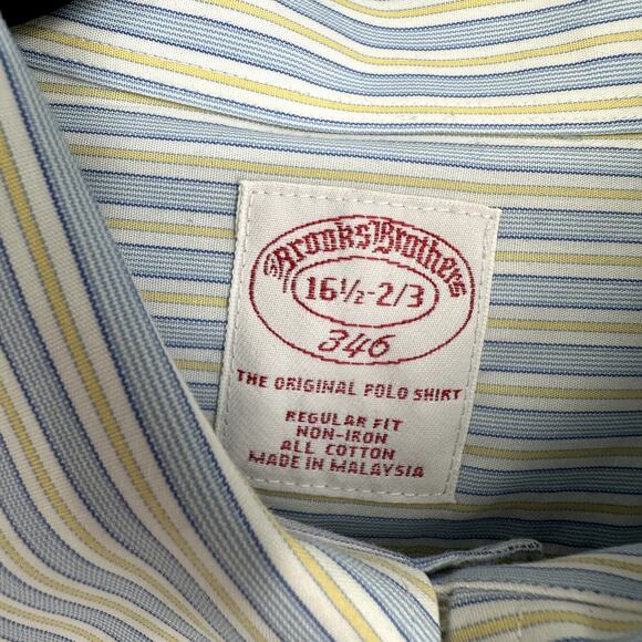 Brooks Brothers Shirt Mens Large 16.5 Blue Striped Yellow Button Down Cotton - Picture 2 of 7